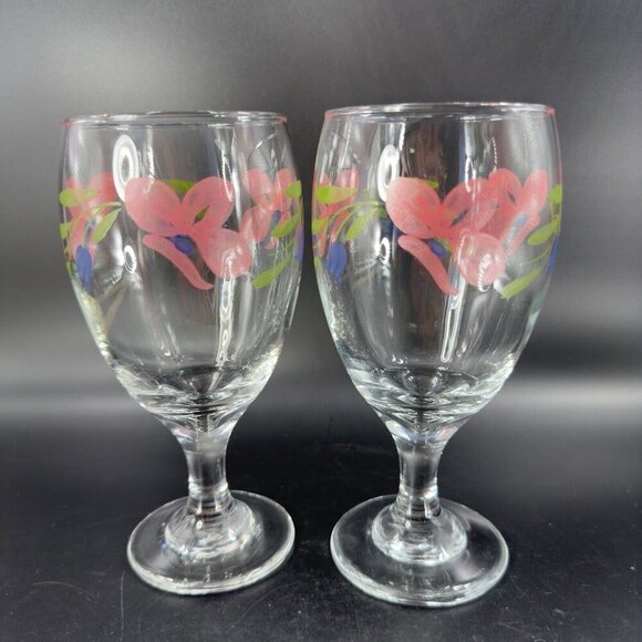 Libbey Barware Glasses Pink Flowers Water Goblet Drinking Glasses Set 2 VTG - Picture 11 of 14